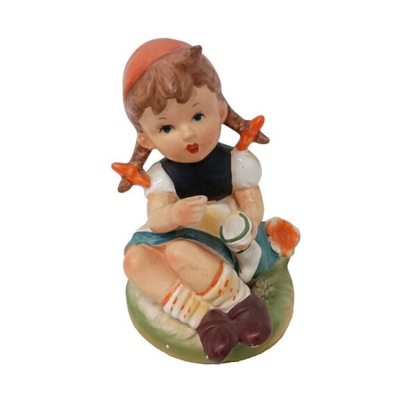 VTG Enesco Japan Large Ceramic Girl Sitting Mending Sock Figurine Orange Bonnet - Picture 1 of 10